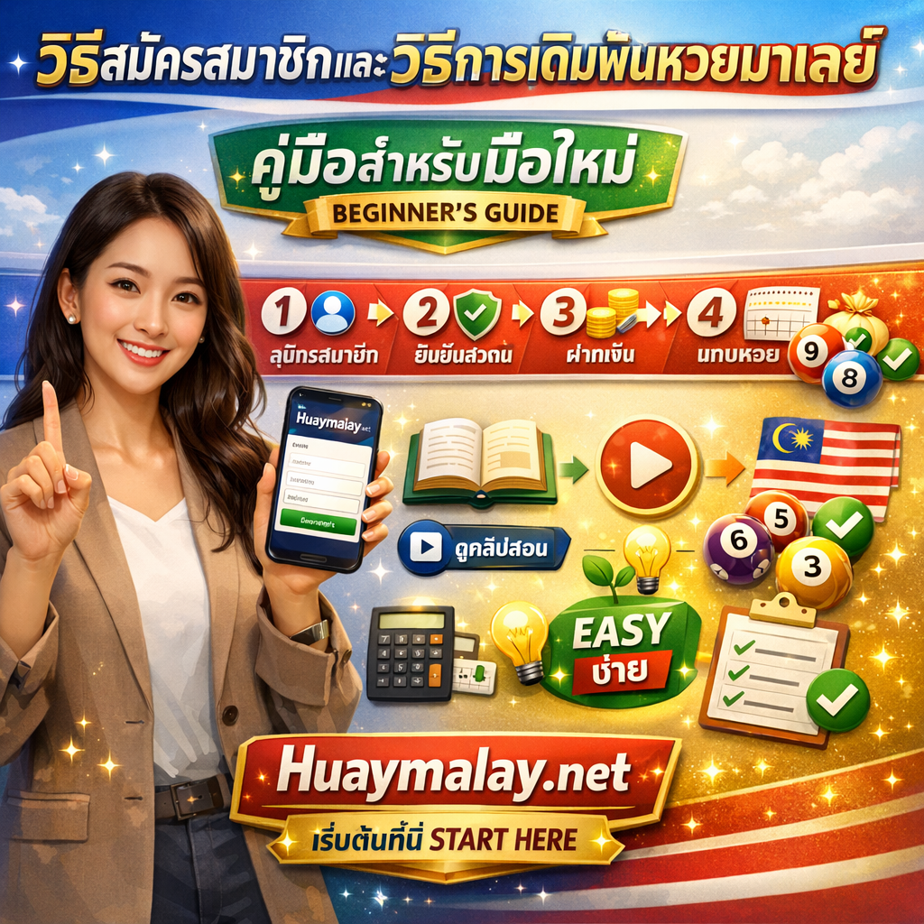 ภาพโปรโมทวิธีสมัครสมาชิกและวิธีการเดิมพันหวยมาเลย์สำหรับมือใหม่ที่ Huaymalay.net มีผู้หญิงสาวเอเชียสวยยิ้มให้กำลังใจและอดทน แต่งกายลำลองสมาร์ทสมัยใหม่ กำลังทำท่าทางสอนแบบเป็นระเบียบ อาจถือสมาร์ทโฟนแสดงหน้าต่างสมัครสมาชิกหรือทำท่าทางนับขั้นตอนทีละขั้นด้วยนิ้ว ดูเหมือนไกด์หรือพี่เลี้ยงที่ช่วยเหลือ พร้อมข้อความภาษาไทย "วิธีสมัครสมาชิกและวิธีการเดิมพันหวยมาเลย์" โดดเด่นด้านบน "คู่มือสำหรับมือใหม่" ตรงกลางเน้นความเหมาะสำหรับมือใหม่ และ "Huaymalay.net" ด้านล่างพร้อมแบรนด์ที่เข้มแข็ง มีขั้นตอนเลข 1-2-3-4-5 ขนาดใหญ่เป็นภาษาไทยพร้อมไอคอนชัดเจนแต่ละขั้น ป้าย "คู่มือมือใหม่" หรือ BEGINNER'S GUIDE สมาร์ทโฟนหรือแท็บเล็ตแสดงฟอร์มสมัครสมาชิกและหน้าต่างเดิมพันที่สะอาดพร้อมแบรนด์ Huaymalay.net นิ้วชี้หรือแตะบนหน้าจอ ไอคอนโปรไฟล์ผู้ใช้แบบง่าย ช่องฟอร์มสมัคร (อีเมล โทรศัพท์ รหัสผ่าน) ลูกหวยมาเลเซียและใบเดิมพัน องค์ประกอบธงมาเลเซีย (ลายแถบ พระจันทร์เสี้ยว ดาว) ป้าย "ง่าย" หรือ EASY ลูกศรแสดงความก้าวหน้าผ่านขั้นตอน ไอคอนปุ่มเล่นวิดีโอสอน เค้าโครงอินโฟกราฟิกทีละขั้นตอน ไอคอนหนังสือเปิดหรือคู่มือ หลอดไฟสำหรับเคล็ดลับและกลยุทธ์ เครื่องหมายถูกแสดงความสำเร็จ ไอคอนมือใหม่ (ต้นกล้าหรือสัญลักษณ์ผู้เรียน) เครื่องคิดเลขเลือกหมายเลข ปุ่ม "เริ่มที่นี่" เป็นภาษาไทย โลโก้ Huaymalay.net โดดเด่น และเอฟเฟกต์ประกายแสงเชิงการศึกษา สื่อถึงการสอน เหมาะสำหรับมือใหม่ ชัดเจน เน้นทีละขั้นตอน ให้กำลังใจ และมุ่งเน้นการสอนพร้อมแบรนด์ Huaymalay.net ที่เข้มแข็ง ออกแบบด้วยโทนสีฟ้าสดใส ขาว แดง เขียว และทอง บรรยากาศการศึกษาที่สว่างเข้าถึงง่ายและการออกแบบสอนแบบทันสมัย