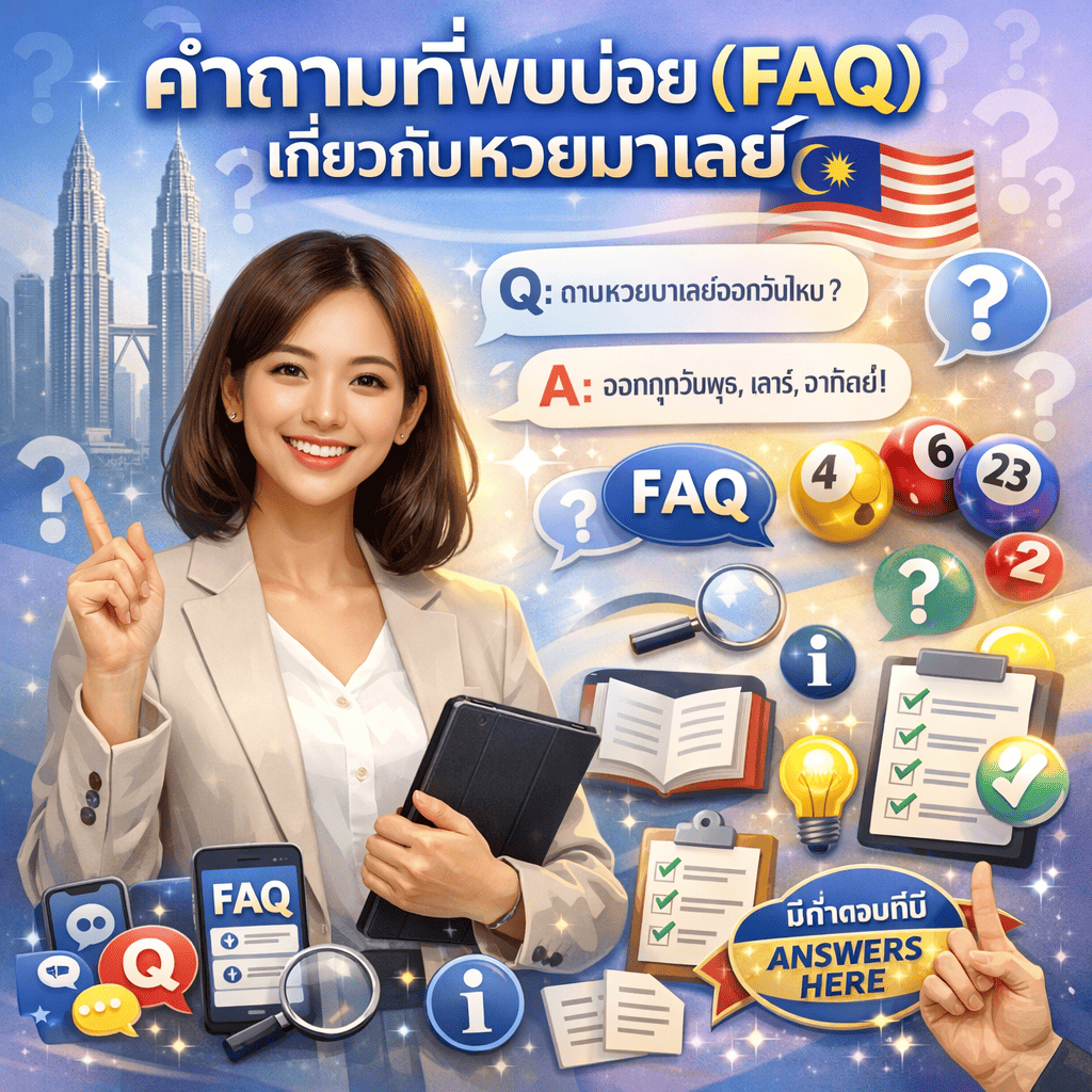 ภาพโปรโมทส่วนคำถามที่พบบ่อยเกี่ยวกับหวยมาเลย์ มีผู้หญิงสาวเอเชียสวยยิ้มเป็นมิตรและเข้าถึงง่าย แต่งกายสมาร์ทแคชชวลหรือบิสซิเนสแคชชวล กำลังทำท่าทางครูหรือผู้ให้ข้อมูลที่ต้อนรับ อาจถือแท็บเล็ตหรือทำท่าทางช่วยเหลือด้วยมือข้างหนึ่งยกขึ้นในลักษณะสอน ดูพร้อมช่วยเหลือและตอบคำถาม พร้อมข้อความภาษาไทย "คำถามที่พบบ่อย (FAQ) เกี่ยวกับหวยมาเลย์" โดดเด่นตรงกลางหรือด้านบน มีไอคอนเครื่องหมายคำถามขนาดใหญ่ "?" ในกรอบพูดขนาดต่างๆ ข้อความ "FAQ" แสดงโดดเด่นทั้งภาษาอังกฤษและไทย กรอบการสนทนา Q&A พร้อมข้อความไทย ลูกหวยมาเลเซียพร้อมตัวเลข องค์ประกอบธงมาเลเซีย (ลายแดงขาว พระจันทร์เสี้ยวและดาวสีเหลือง) เงาตึกแฝดเปโตรนาสในพื้นหลังอย่างละเอียดอ่อน ไอคอนข้อมูล "i" ในวงกลม ไอคอนหนังสือหรือคู่มือครบถ้วน หลอดไฟแทนวิธีแก้ปัญหาและคำตอบ เช็คลิสต์พร้อมเครื่องหมายถูกสีเขียวแสดงคำถามที่ตอบแล้ว แว่นขยายหาข้อมูล แท็บเล็ตหรือสมาร์ทโฟนแสดงหน้า FAQ ไอคอนเอกสารหรือกระดาษพร้อมบรรทัดข้อความที่เป็นระเบียบ สัญลักษณ์หูฟังโต๊ะช่วยเหลือหรือสนับสนุนลูกค้า จำลองอินเทอร์เฟซแชทแสดงการสนทนา ส่วน FAQ สไตล์อคคอร์เดียนที่จัดระเบียบ นิ้วชี้ขึ้นแนะนำเคล็ดลับที่เป็นประโยชน์ ป้าย "มีคำตอบที่นี่" หรือ ANSWERS HERE และเอฟเฟกต์ประกายแสงเชิงมืออาชีพอ่อนๆ สื่อถึงการช่วยเหลือ ความชัดเจน ให้ข้อมูล การจัดระเบียบ ความน่าเชื่อถือ เป็นมิตรต่อผู้ใช้ และเน้น FAQ ออกแบบด้วยโทนสีฟ้าอ่อน ขาว ลาเวนเดอร์ และทอง บรรยากาศสว่างต้อนรับและการออกแบบข้อมูลที่สะอาดทันสมัย