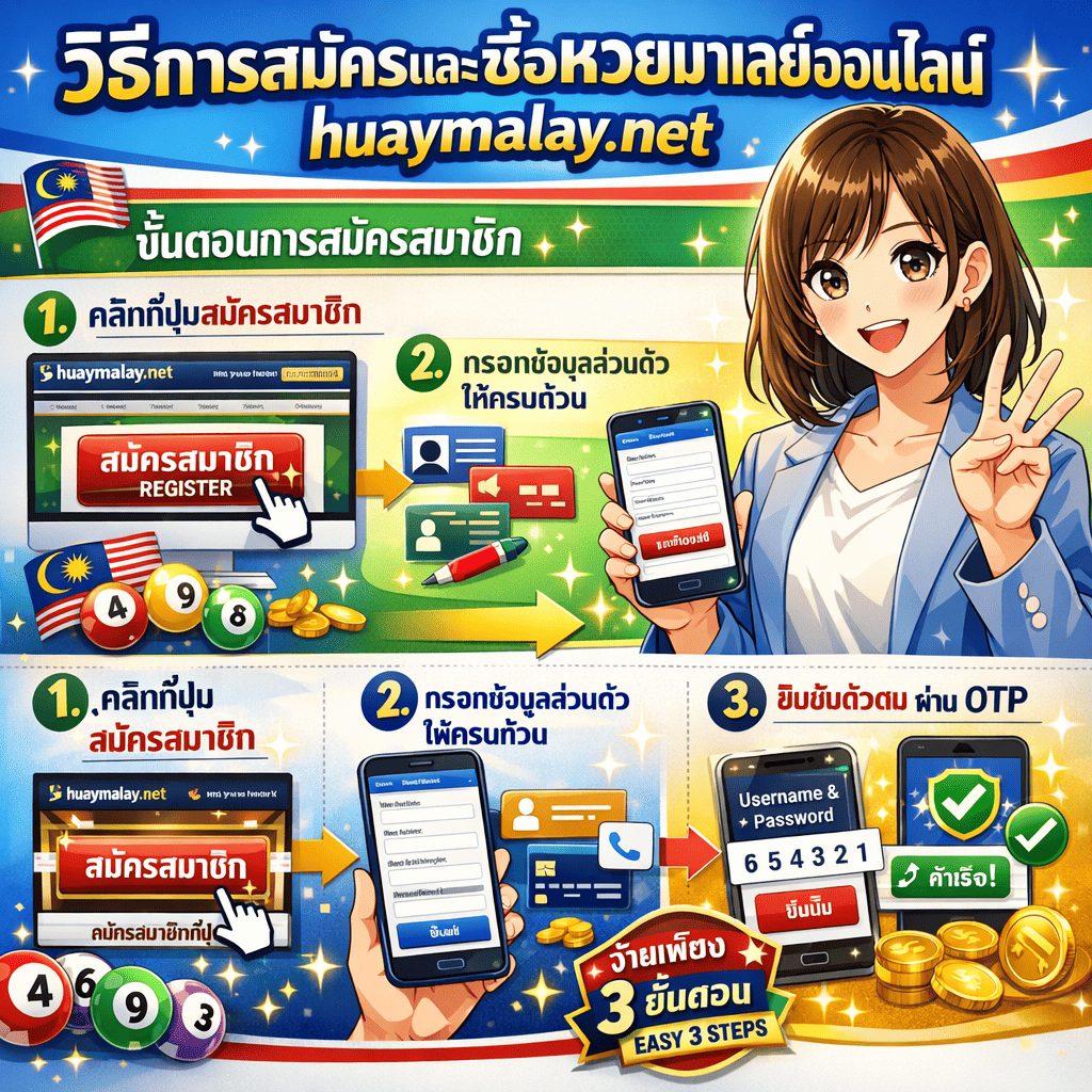 ภาพโปรโมทวิธีการสมัครและซื้อหวยมาเลย์ออนไลน์ที่ huaymalay.net มีผู้หญิงสาวเอเชียสวยยิ้มเป็นมิตรและให้กำลังใจ แต่งกายทันสมัยสไตล์แคชชวลสมาร์ท กำลังทำท่าทางสอนที่เป็นประโยชน์ อาจถือสมาร์ทโฟนแสดงหน้าต่างสมัครสมาชิกหรือนับขั้นตอนด้วยนิ้ว (1-2-3) ดูเหมือนครูผู้สอนที่อดทนนำผู้ใช้ผ่านกระบวนการ พร้อมข้อความภาษาไทย "วิธีการสมัครและซื้อหวยมาเลย์ออนไลน์" โดดเด่นด้านบน "huaymalay.net" รวมอยู่ในการออกแบบ และ "ขั้นตอนการสมัครสมาชิก" เป็นหัวข้อส่วน มีองค์ประกอบแสดงสามขั้นตอนที่แตกต่างกันเป็นตัวเลขไทยขนาดใหญ่ ขั้นตอนที่ 1 "1. คลิกที่ปุ่มสมัครสมาชิก" พร้อมกราฟิกปุ่ม "สมัครสมาชิก" ขนาดใหญ่ ไอคอนเคอร์เซอร์/นิ้วคลิก จำลองหน้าแรกเว็บไซต์แสดงปุ่มสมัคร "สมัครสมาชิกที่นี่" ขั้นตอนที่ 2 "2. กรอกข้อมูลส่วนตัว ให้ครบถ้วน" พร้อมจำลองฟอร์มสมัครสมาชิกแสดงช่องกรอก ไอคอนข้อมูลส่วนตัว (ชื่อ เบอร์โทรศัพท์ บัญชีธนาคาร) สมาร์ทโฟนแสดงอินเทอร์เฟซฟอร์ม ไอคอนดินสอหรือปากกากรอกข้อมูล สัญลักษณ์บัตรธนาคาร ไอคอนโทรศัพท์ ขั้นตอนที่ 3 "3. ยืนยันตัวตน ผ่าน OTP" พร้อมจำลองหน้าจอยืนยัน OTP โทรศัพท์มือถือรับรหัส SMS โล่ความปลอดภัยและเครื่องหมายถูก แสดง "Username และ Password" เครื่องหมายถูกหรือป้ายสำเร็จ รวมถึงลูกหวยมาเลเซีย องค์ประกอบธงมาเลเซีย (ลายแดง พระจันทร์เสี้ยว ดาว) ลูกศรแสดงความก้าวหน้าผ่านขั้นตอน ป้าย "ง่ายเพียง 3 ขั้นตอน" หรือ EASY 3 STEPS แบรนด์ huaymalay.net โดดเด่นตลอดทั้งภาพ ตัวจับเวลาแสดงการสมัครที่รวดเร็ว และเอฟเฟกต์ประกายแสงที่เป็นประโยชน์ สื่อถึงการสอน ความชัดเจน เน้นทีละขั้นตอน ง่าย เหมาะสำหรับมือใหม่ และมุ่งเน้นกระบวนการพร้อมแบรนด์ huaymalay.net ที่เข้มแข็ง ออกแบบด้วยโทนสีฟ้าสดใส ขาว เขียว และทอง บรรยากาศการศึกษาที่สว่างให้กำลังใจและการออกแบบสอนแบบทันสมัย